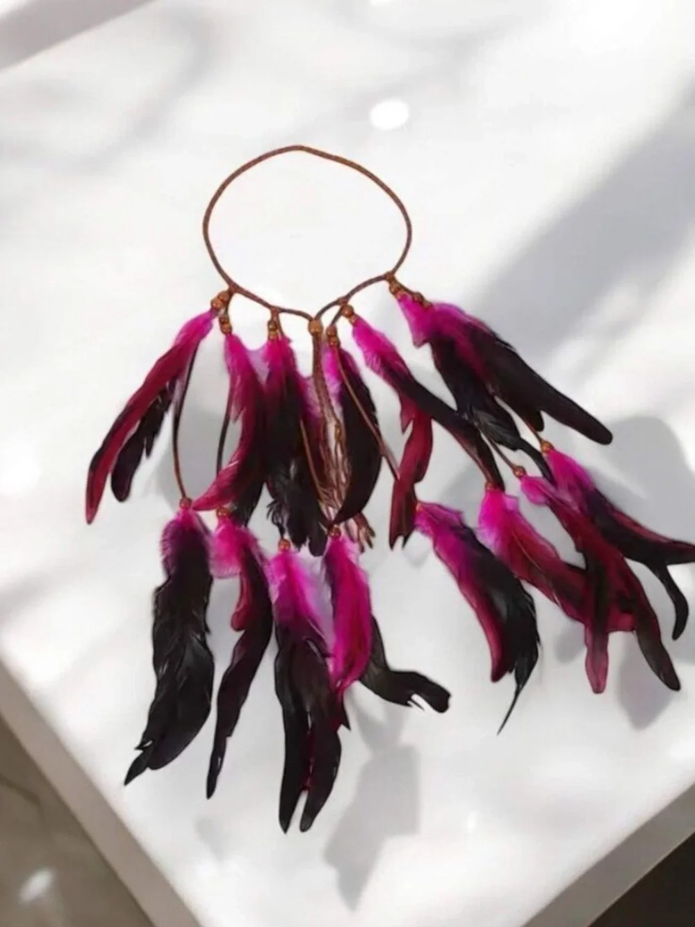 Pink Black Feathers Long Headband Hair Piece Boho Festival